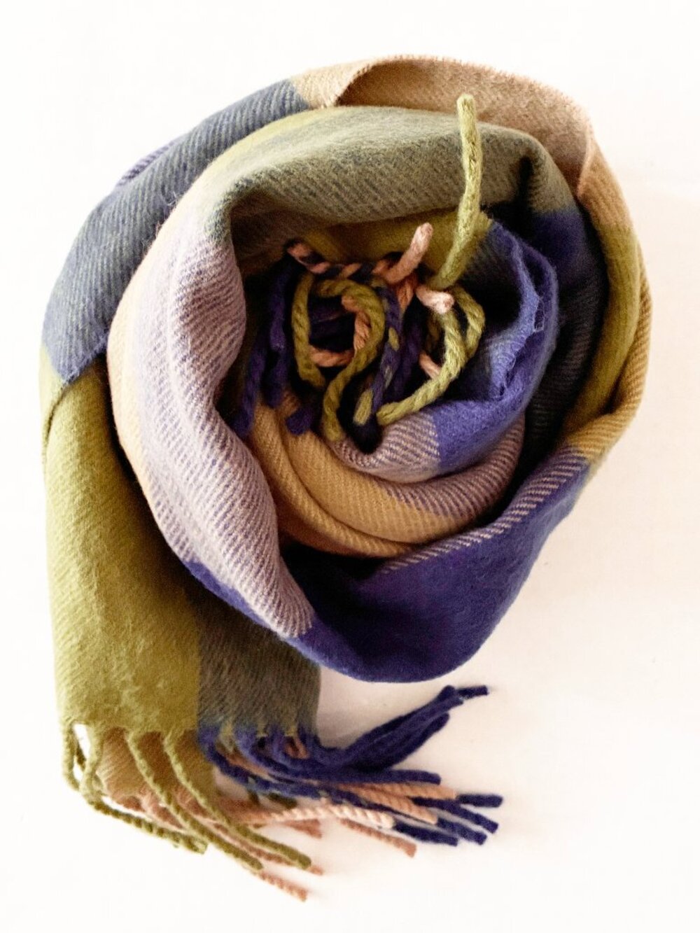 Vintage 100% Cashmere Fringed Scarf Made in Scotland - Plaid Olive Blue Tan